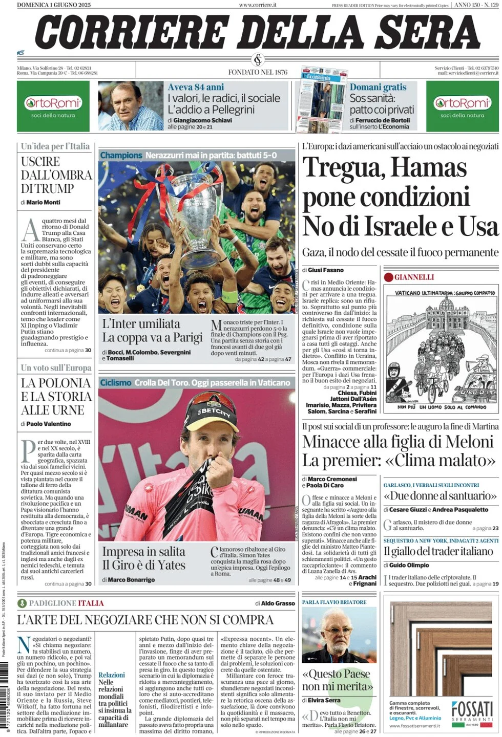 anteprima della prima pagina di corriere-della-sera del 01/06/2025