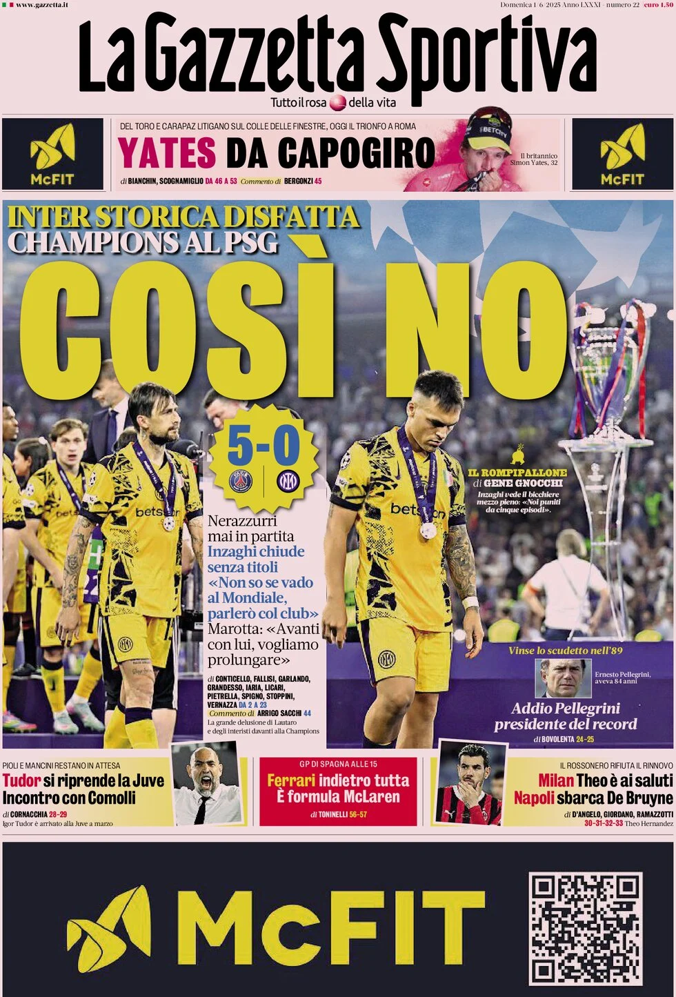 anteprima della prima pagina di la-gazzetta-dello-sport del 01/06/2025