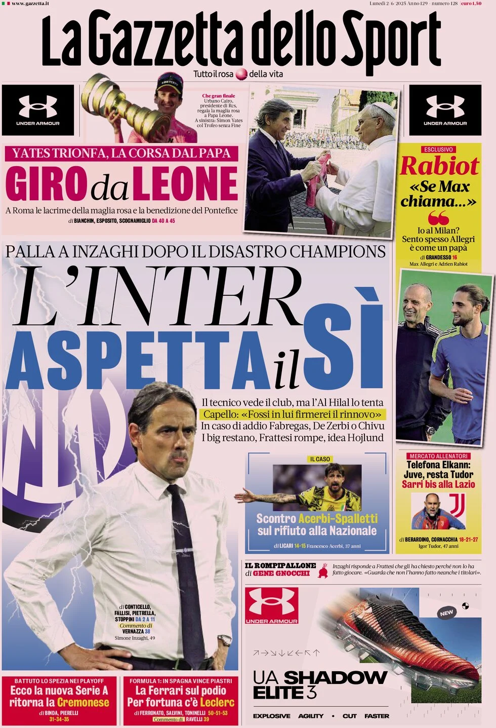 anteprima della prima pagina di la-gazzetta-dello-sport del 02/06/2025