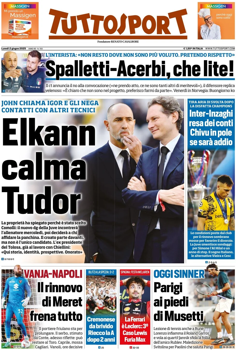 anteprima della prima pagina di tuttosport del 02/06/2025