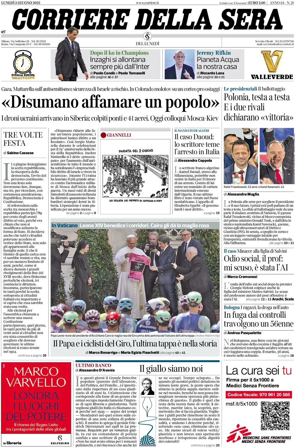 anteprima della prima pagina di corriere-della-sera del 02/06/2025