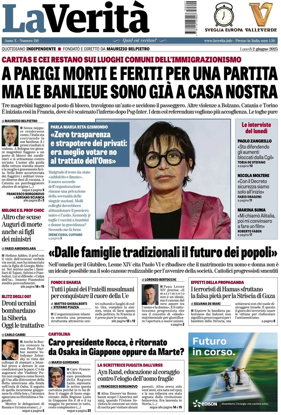 anteprima della prima pagina di la-verit del 02/06/2025