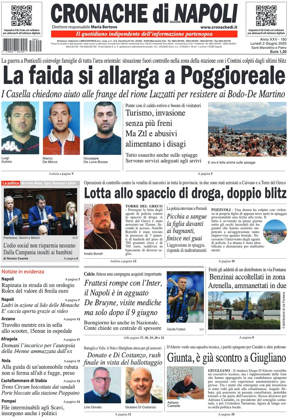 anteprima della prima pagina di cronache-di-napoli del 02/06/2025