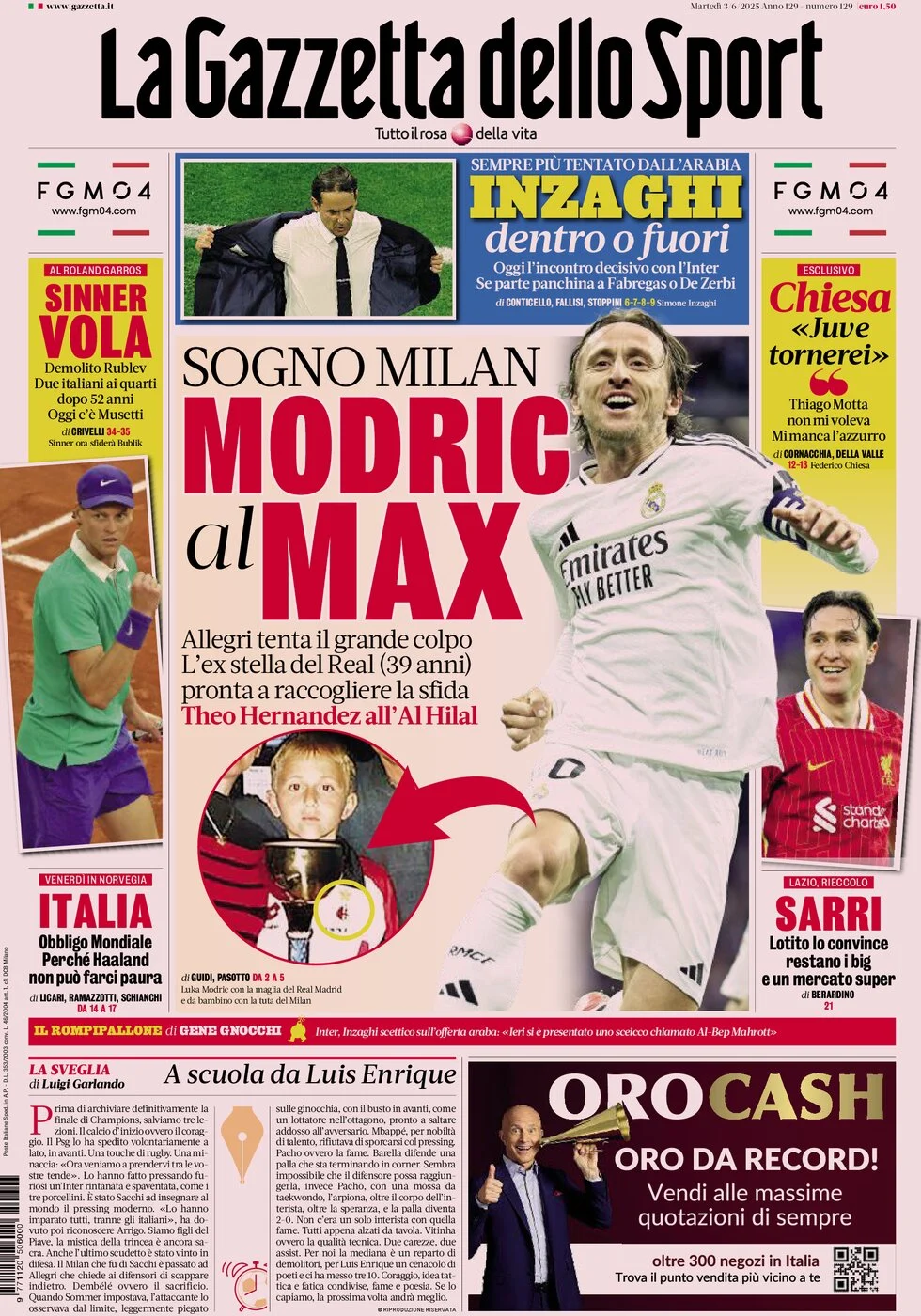 anteprima della prima pagina di la-gazzetta-dello-sport del 03/06/2025
