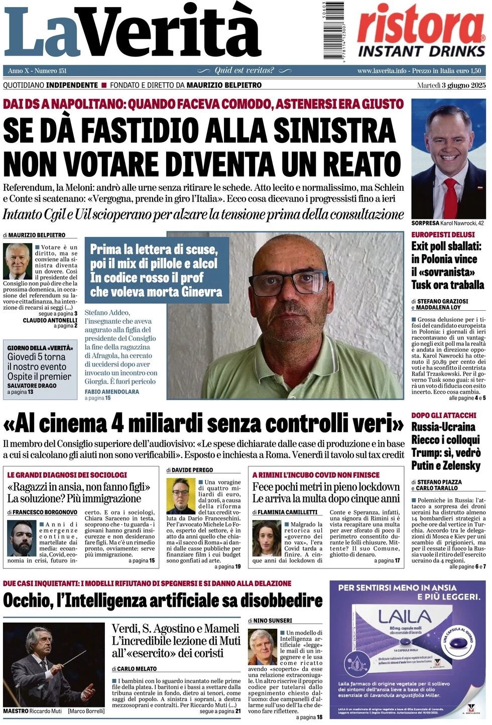anteprima della prima pagina di la-verit del 03/06/2025