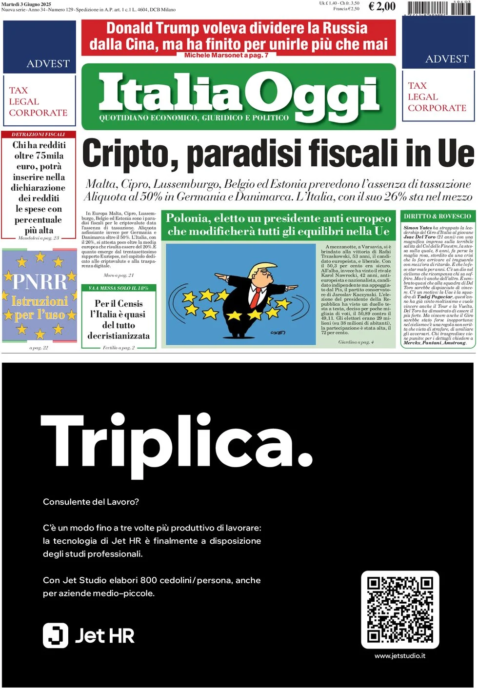 anteprima della prima pagina di italiaoggi del 03/06/2025