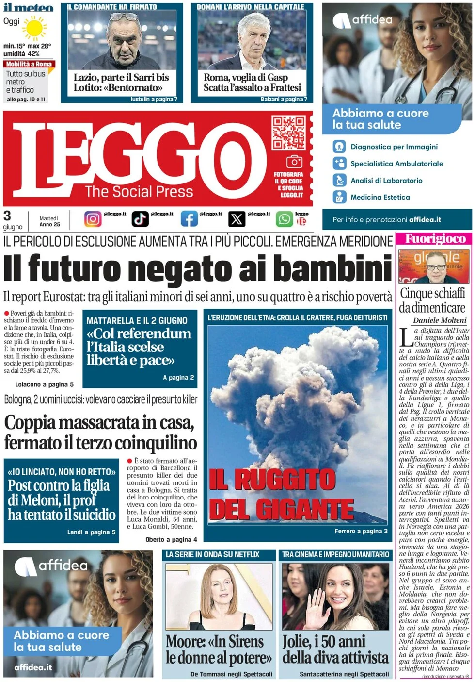 anteprima della prima pagina di leggo-roma del 03/06/2025