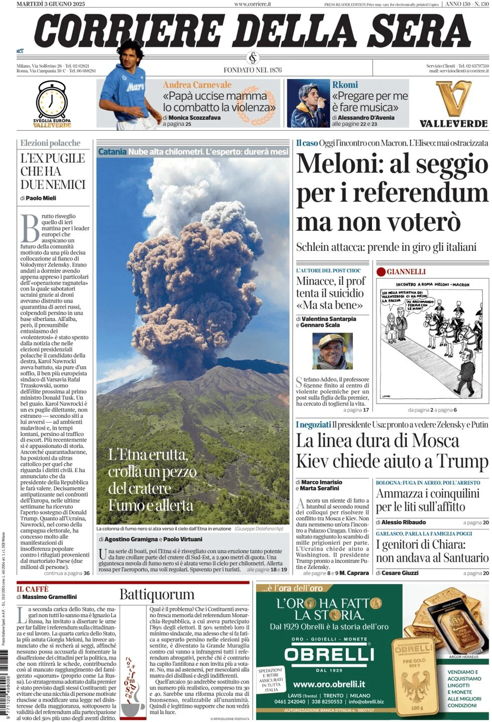 anteprima della prima pagina di corriere-della-sera del 03/06/2025