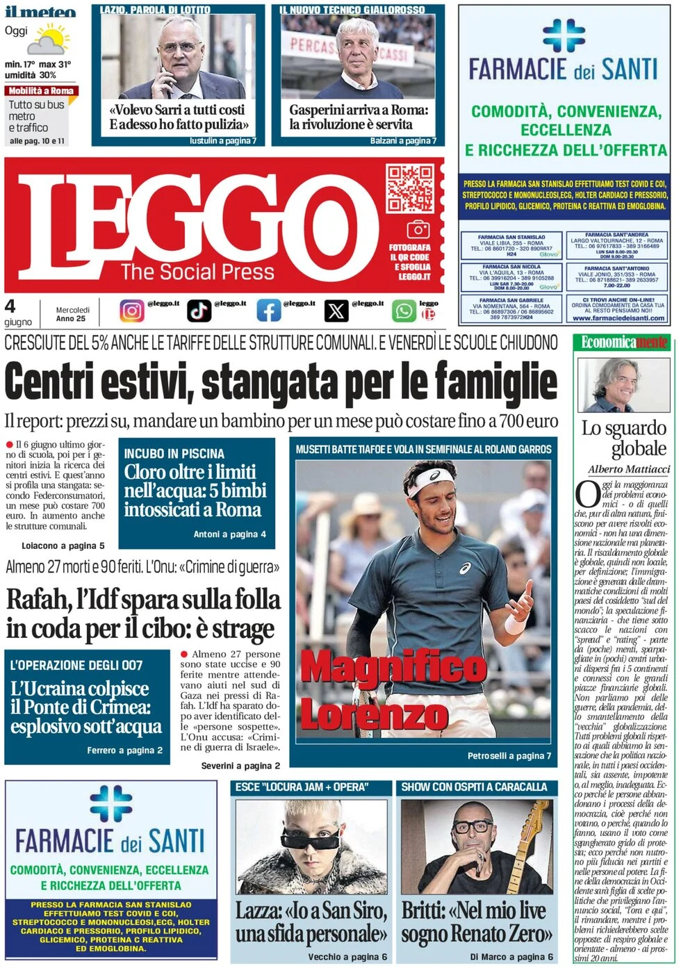 anteprima della prima pagina di leggo-roma del 04/06/2025