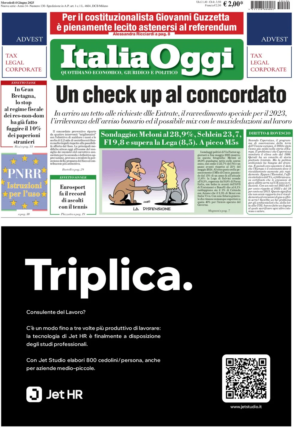 anteprima della prima pagina di italiaoggi del 04/06/2025