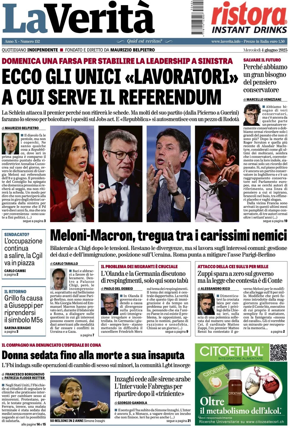 anteprima della prima pagina di la-verit del 04/06/2025