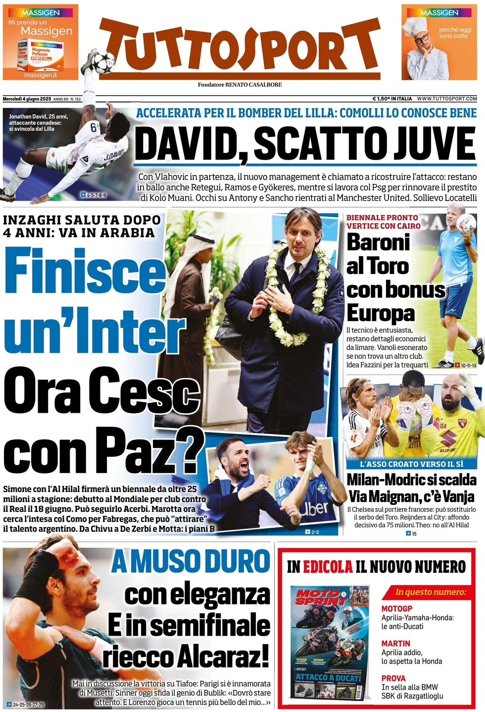 anteprima della prima pagina di tuttosport del 04/06/2025