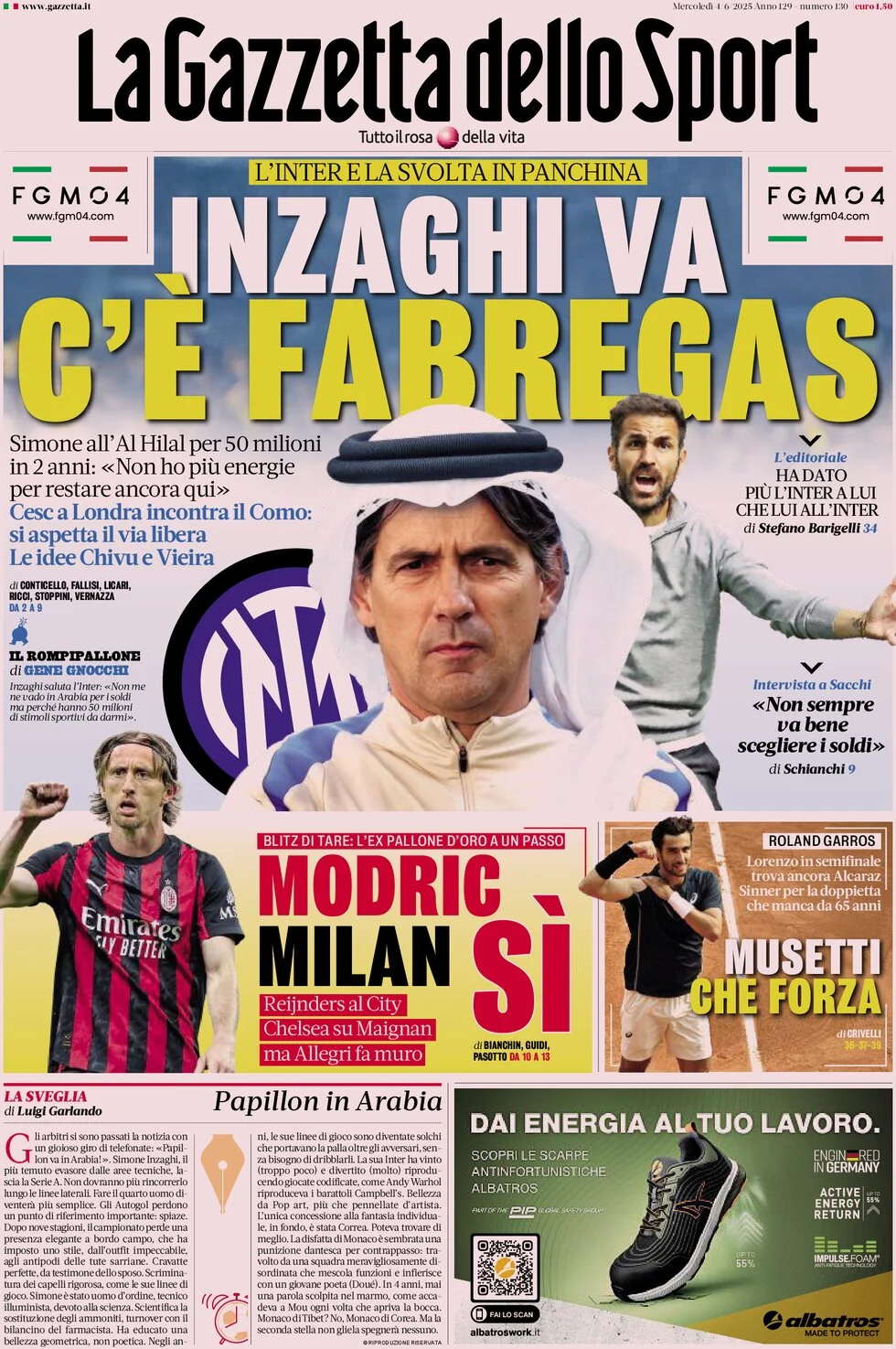 anteprima della prima pagina di la-gazzetta-dello-sport del 04/06/2025