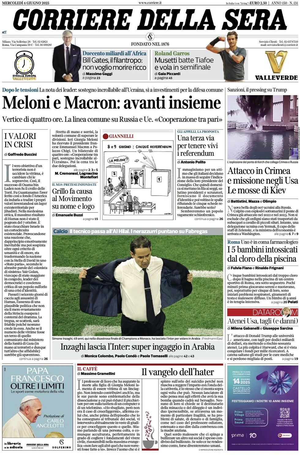 anteprima della prima pagina di corriere-della-sera del 04/06/2025