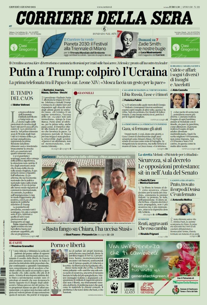 anteprima della prima pagina di corriere-della-sera del 05/06/2025