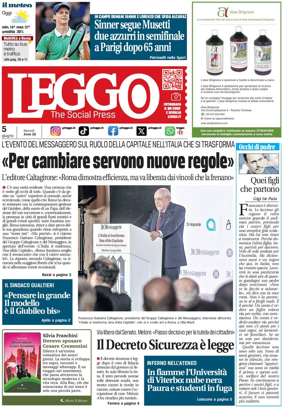anteprima della prima pagina di leggo-roma del 05/06/2025