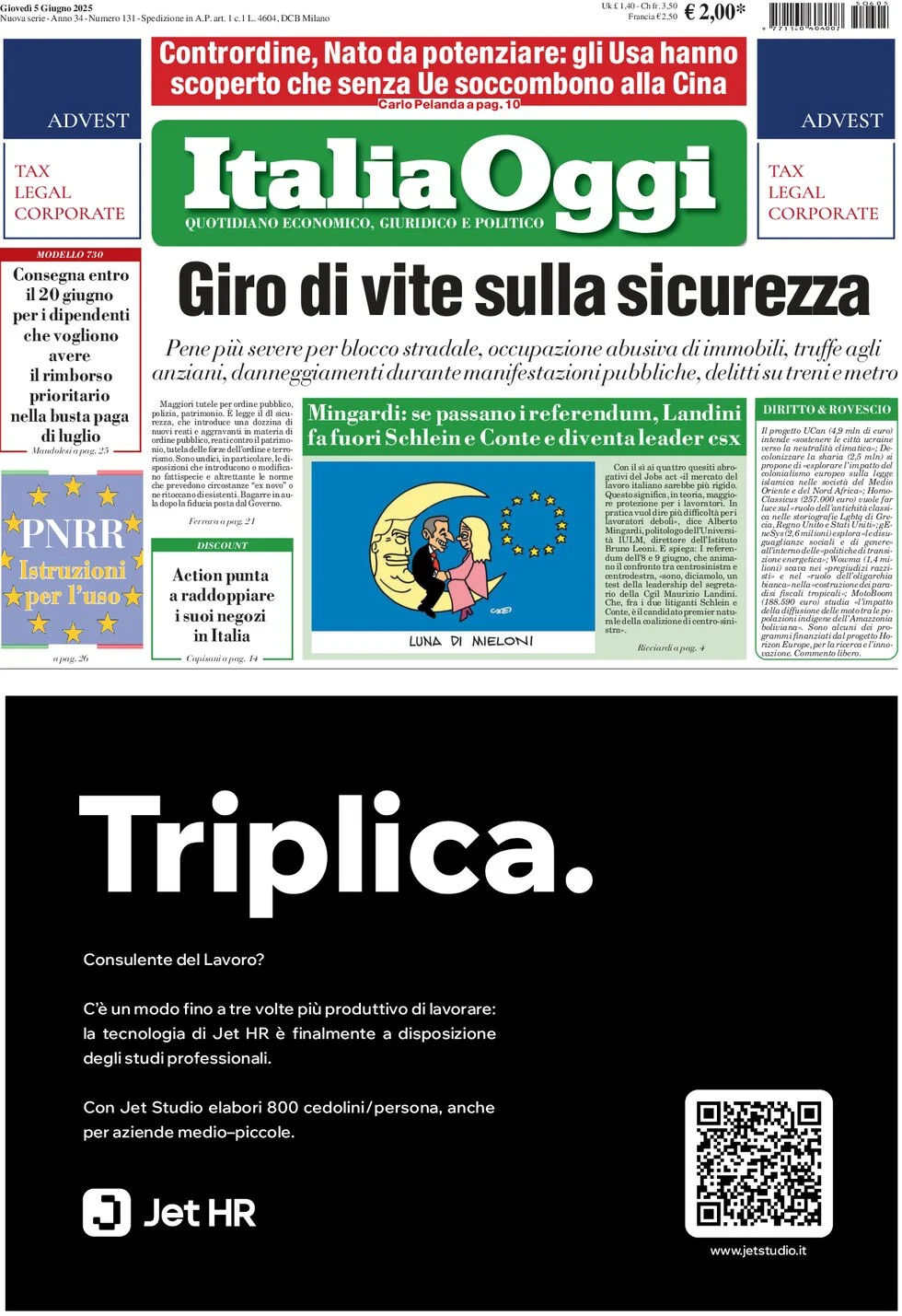 anteprima della prima pagina di italiaoggi del 05/06/2025