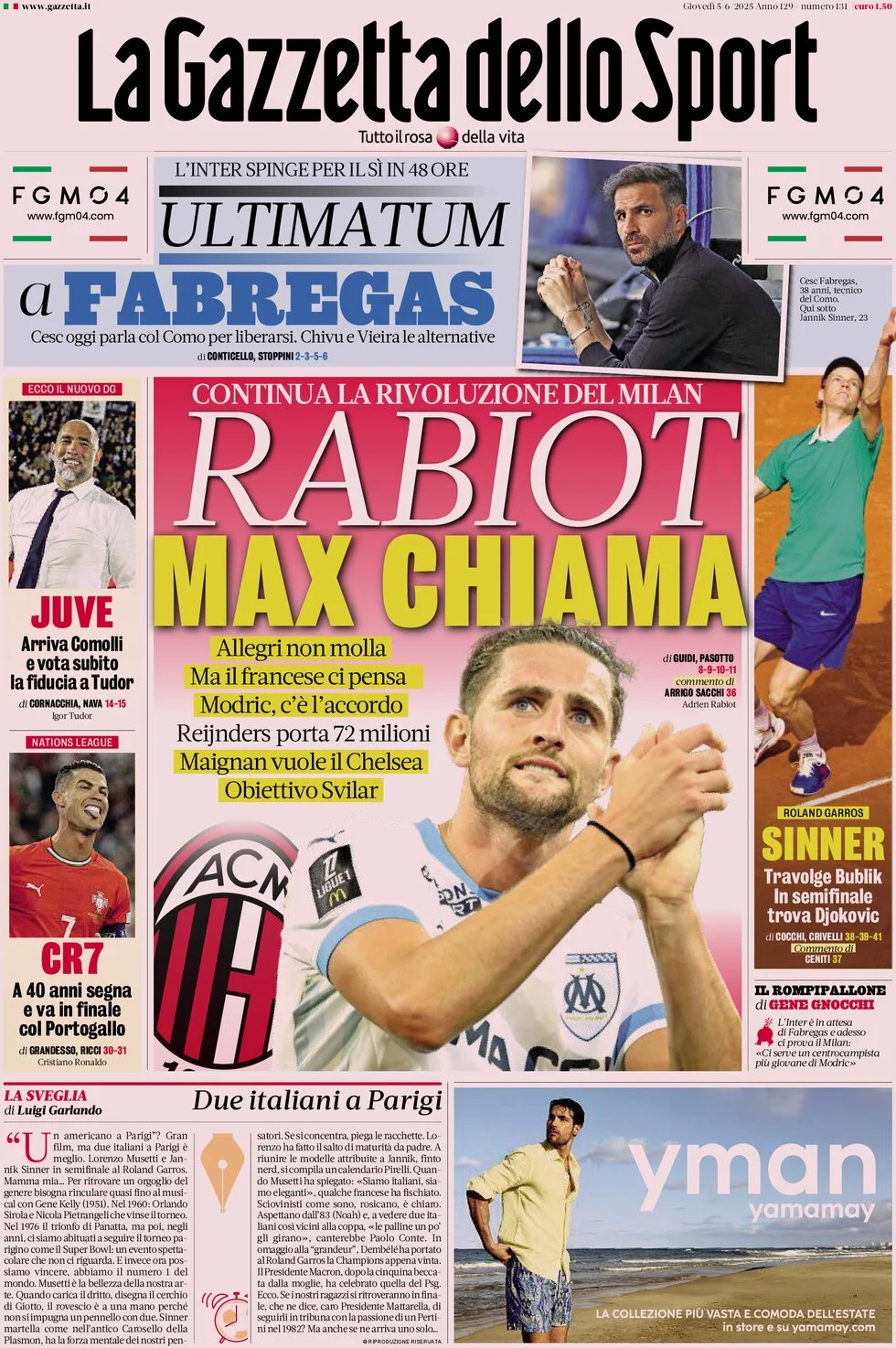 anteprima della prima pagina di la-gazzetta-dello-sport del 05/06/2025