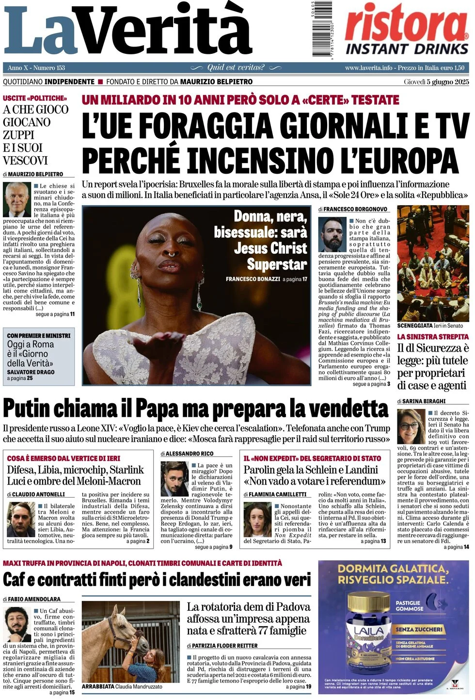 anteprima della prima pagina di la-verit del 05/06/2025