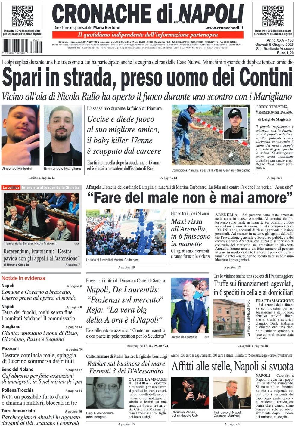 anteprima della prima pagina di cronache-di-napoli del 05/06/2025