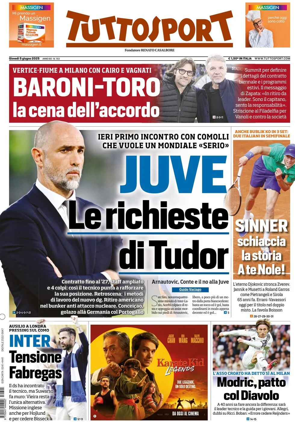 anteprima della prima pagina di tuttosport del 05/06/2025
