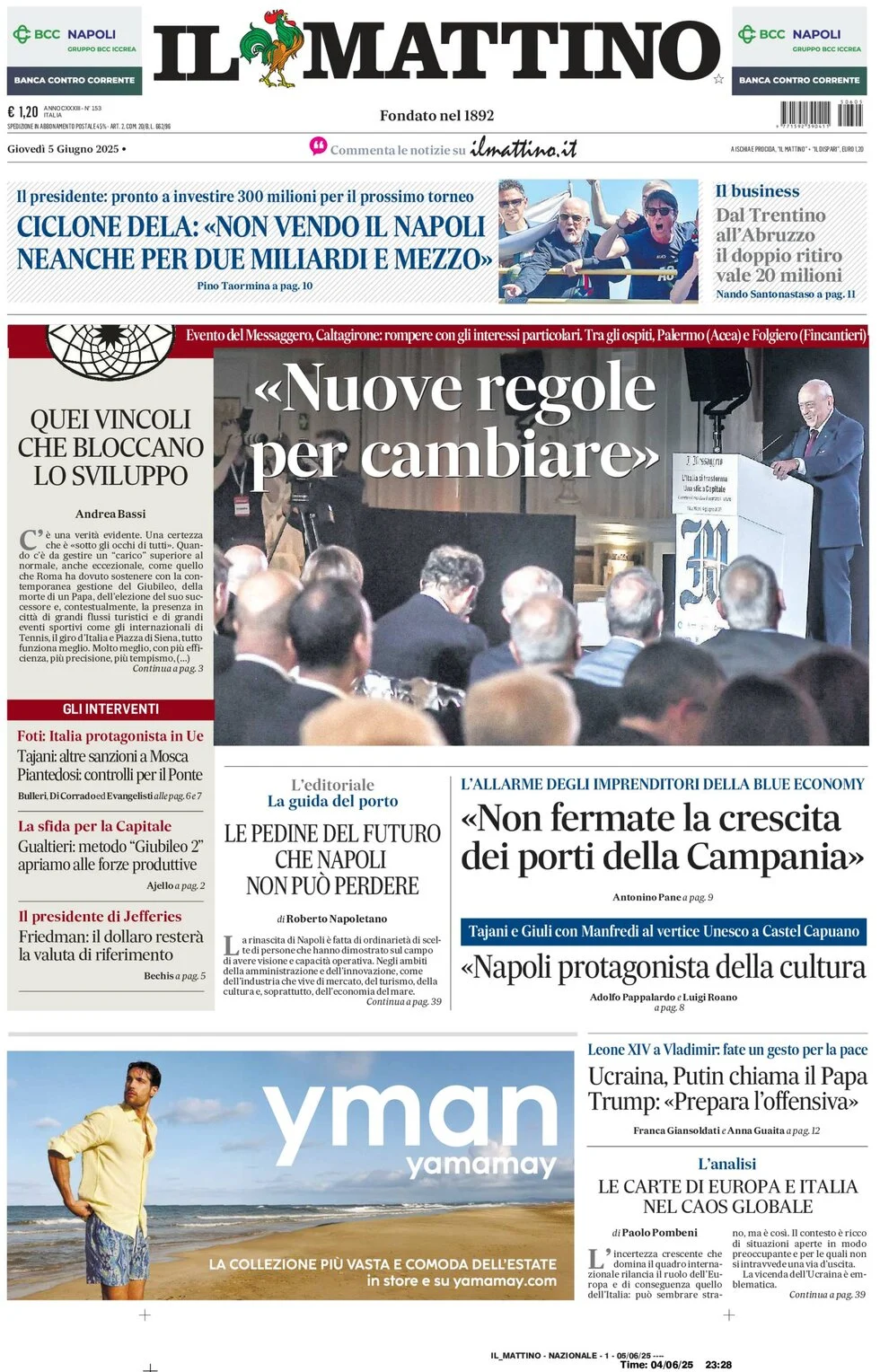 anteprima della prima pagina di il-mattino del 05/06/2025