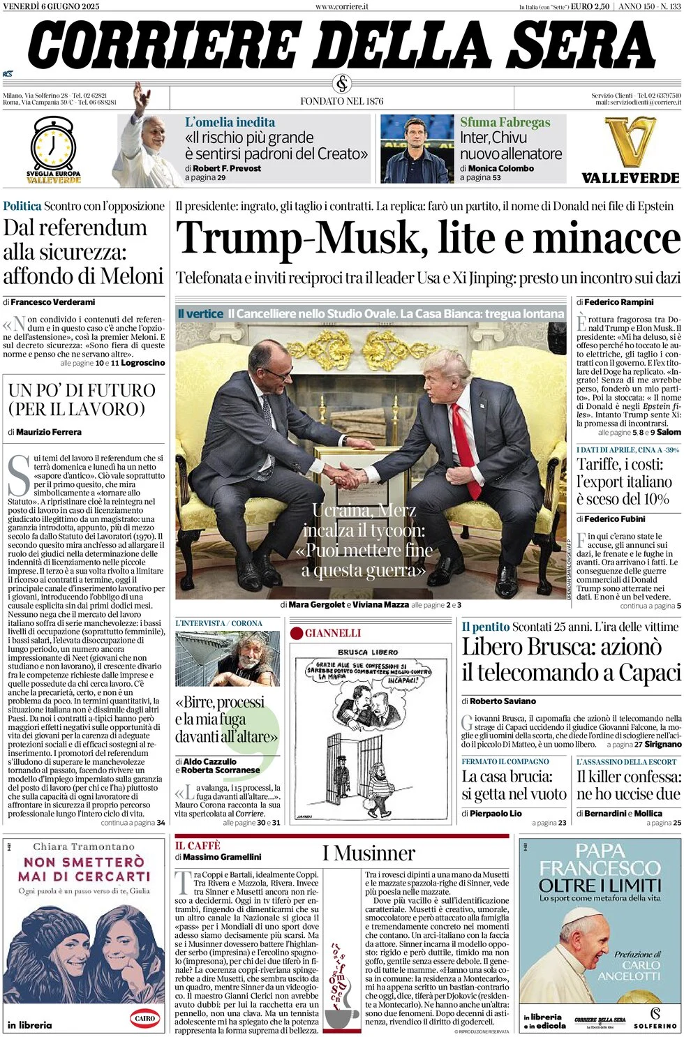 anteprima della prima pagina di corriere-della-sera del 06/06/2025