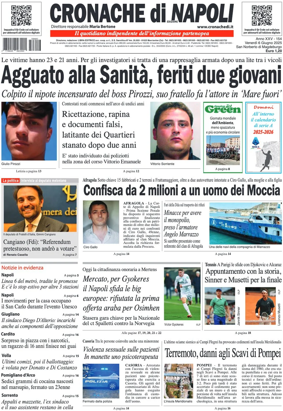 anteprima della prima pagina di cronache-di-napoli del 06/06/2025