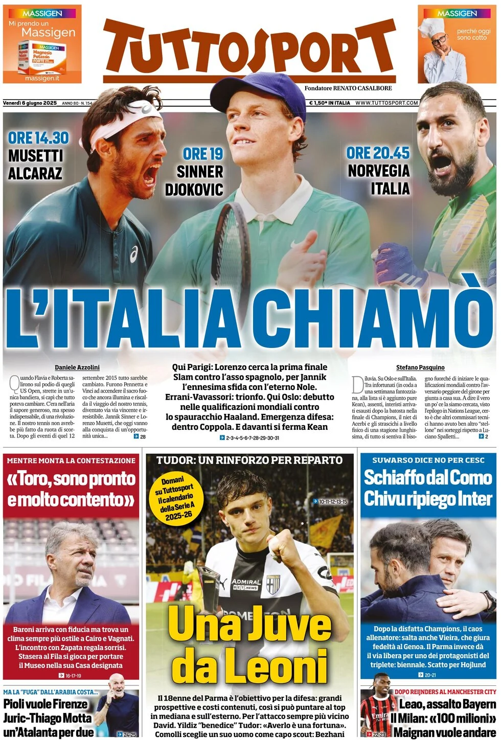 anteprima della prima pagina di tuttosport del 06/06/2025