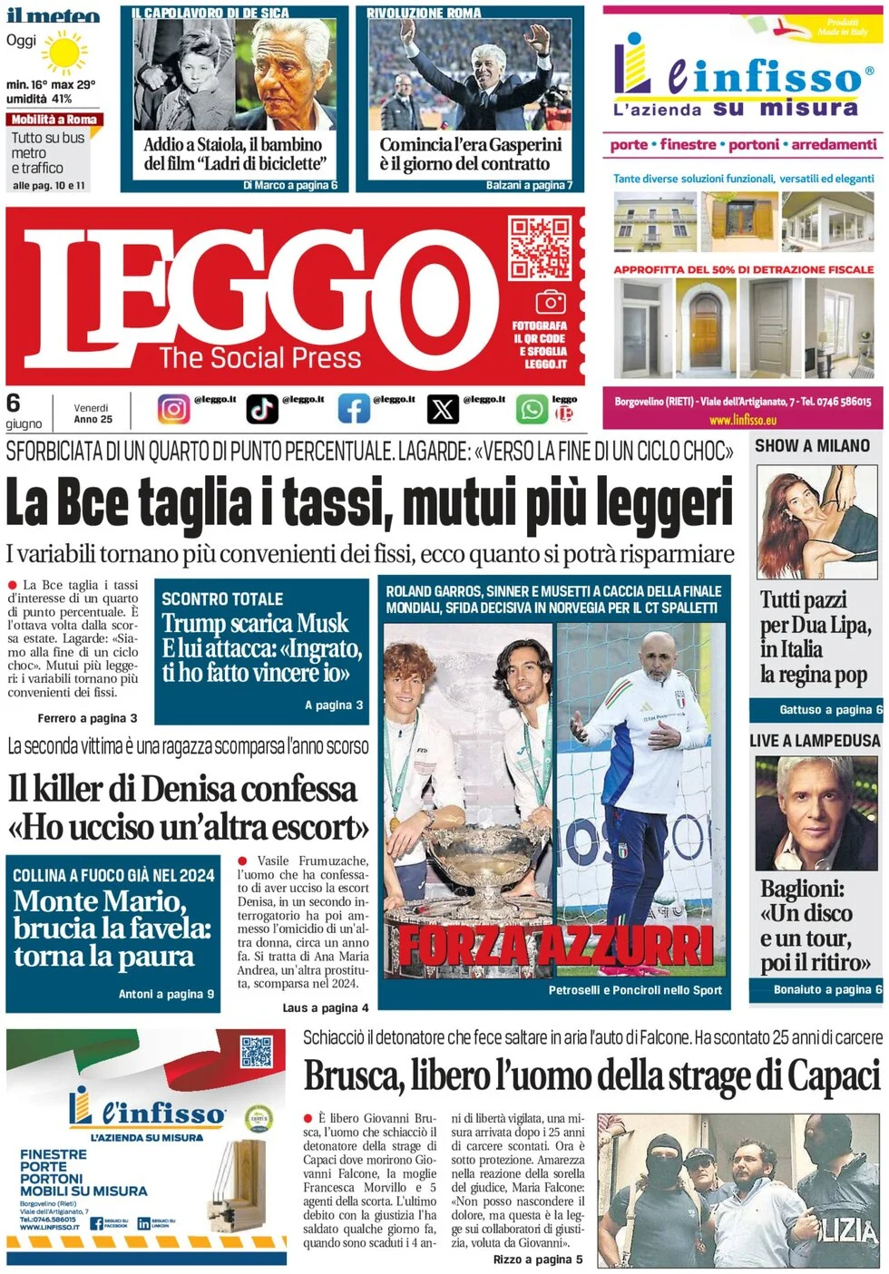 anteprima della prima pagina di leggo-roma del 06/06/2025