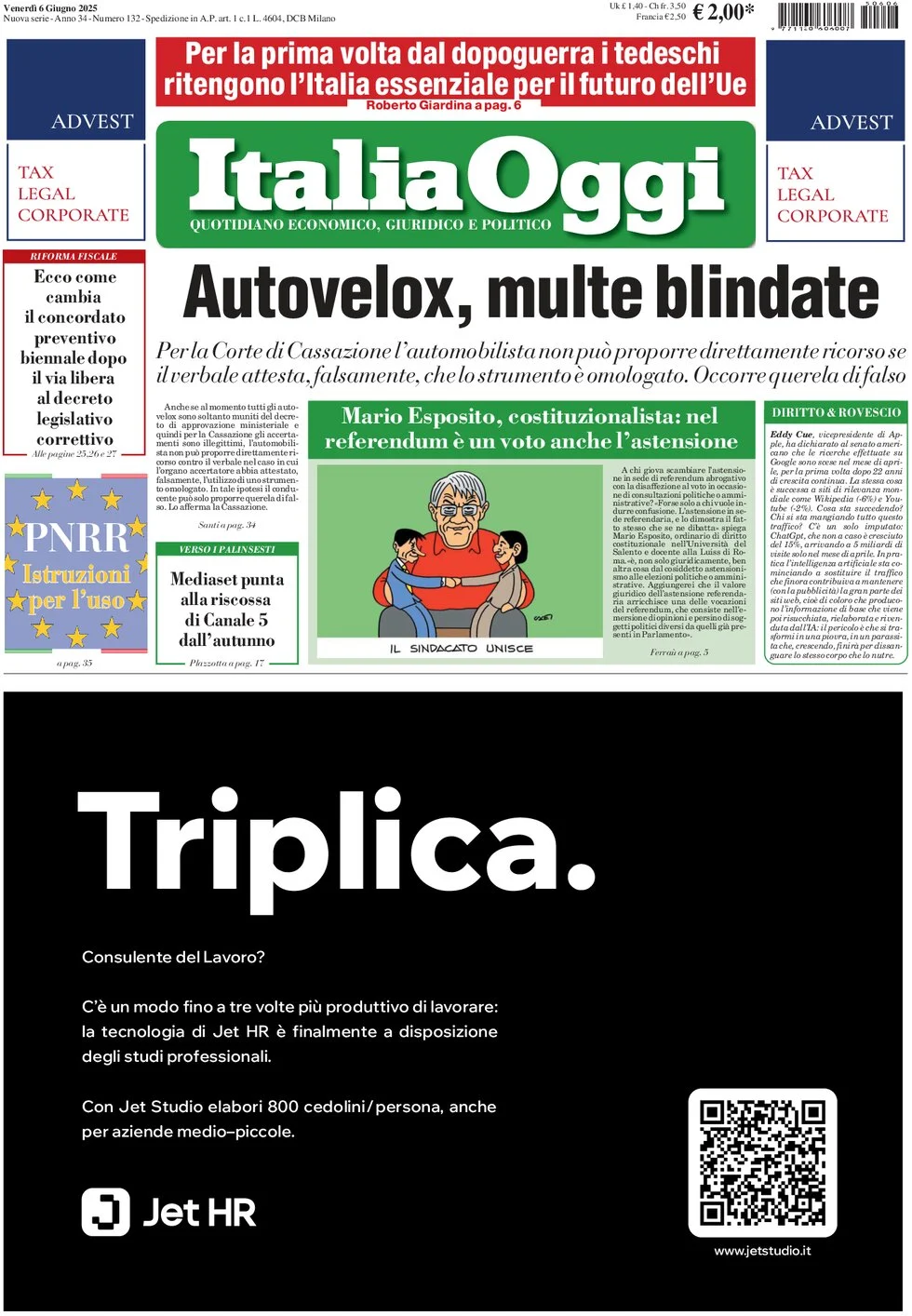anteprima della prima pagina di italiaoggi del 06/06/2025