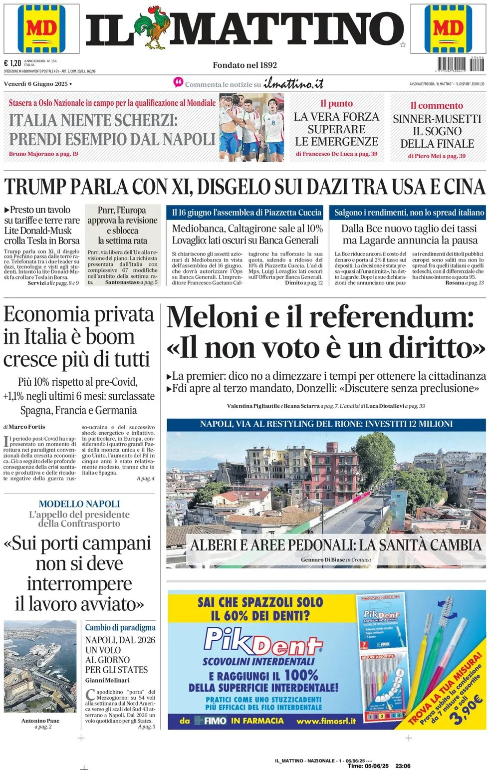 anteprima della prima pagina di il-mattino del 06/06/2025