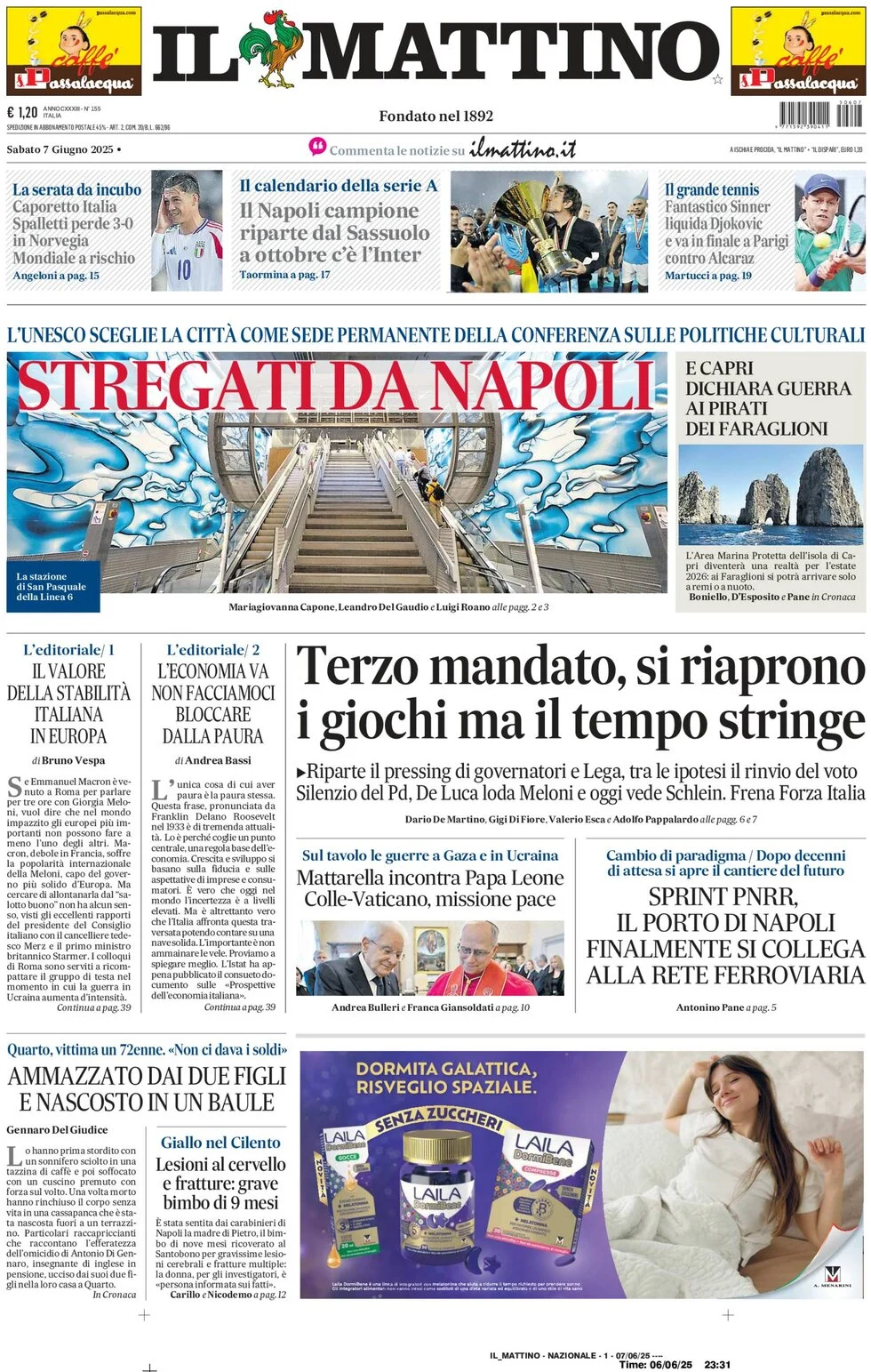 anteprima della prima pagina di il-mattino del 07/06/2025