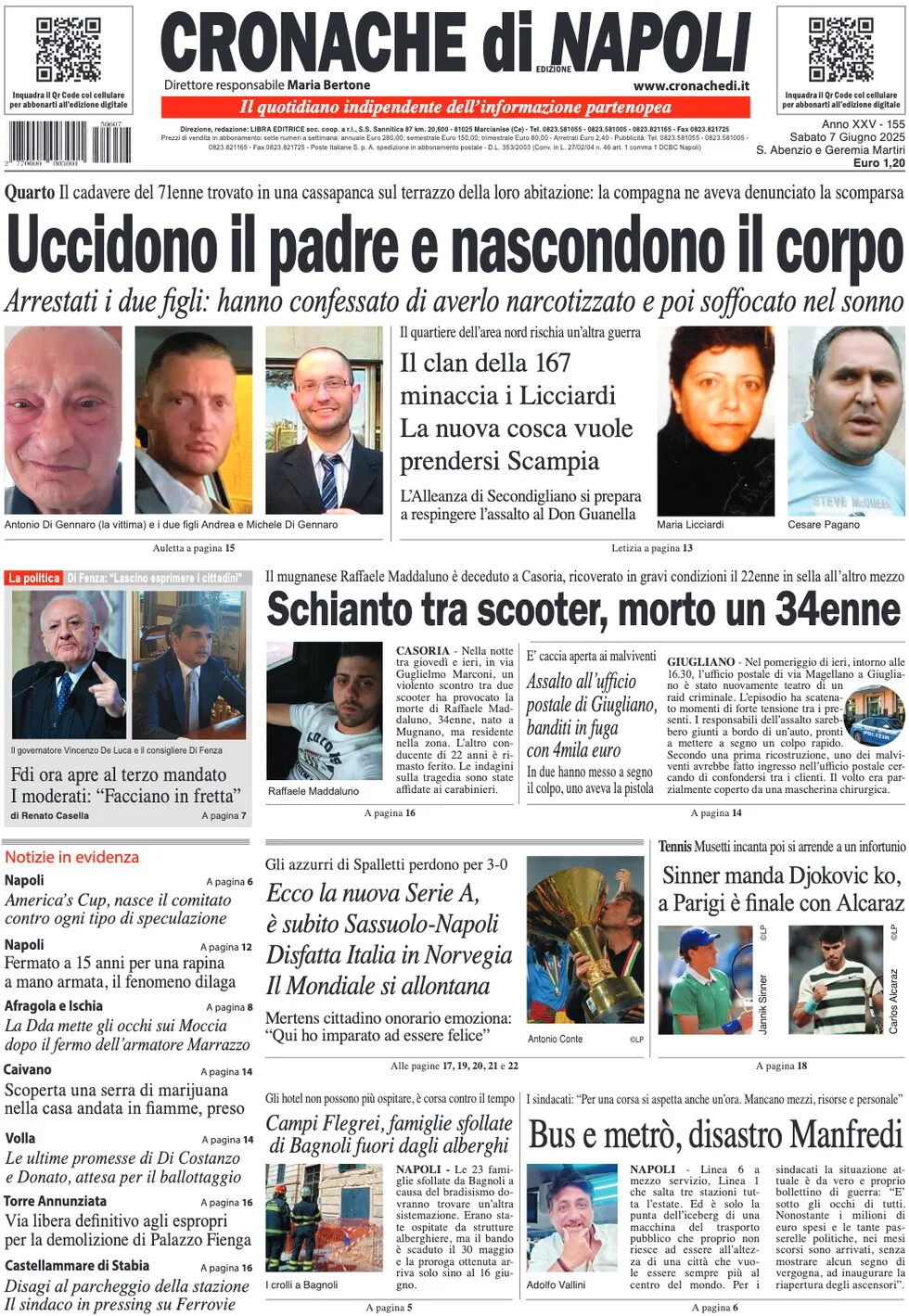 anteprima della prima pagina di cronache-di-napoli del 07/06/2025