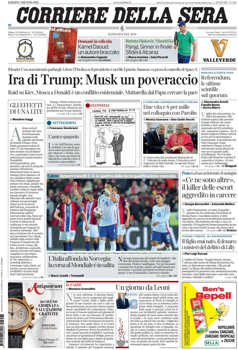 anteprima della prima pagina di corriere-della-sera del 07/06/2025