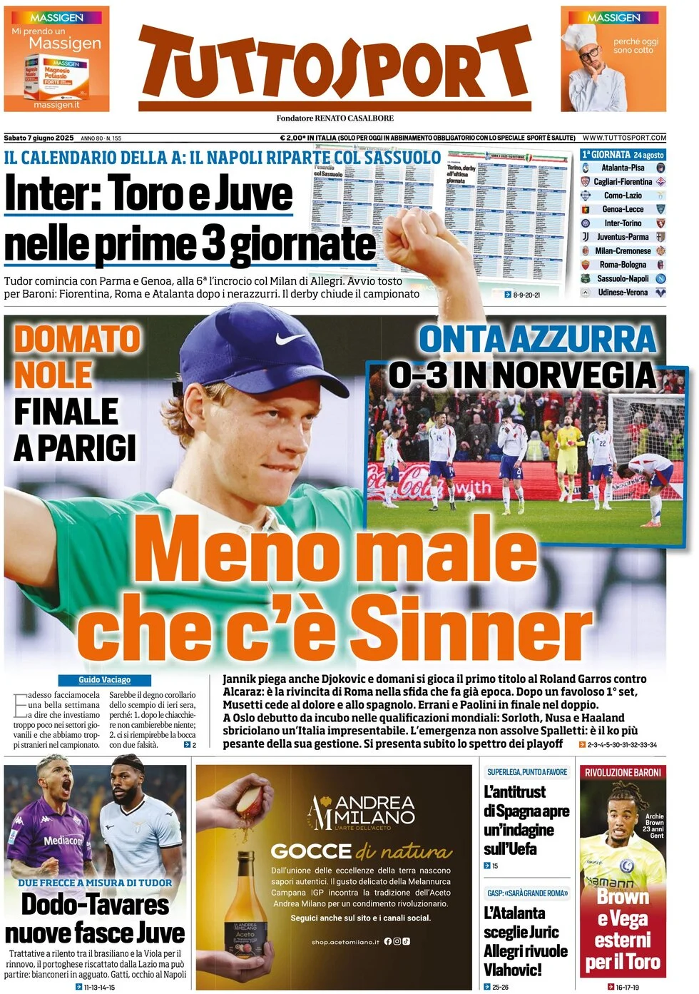 anteprima della prima pagina di tuttosport del 07/06/2025