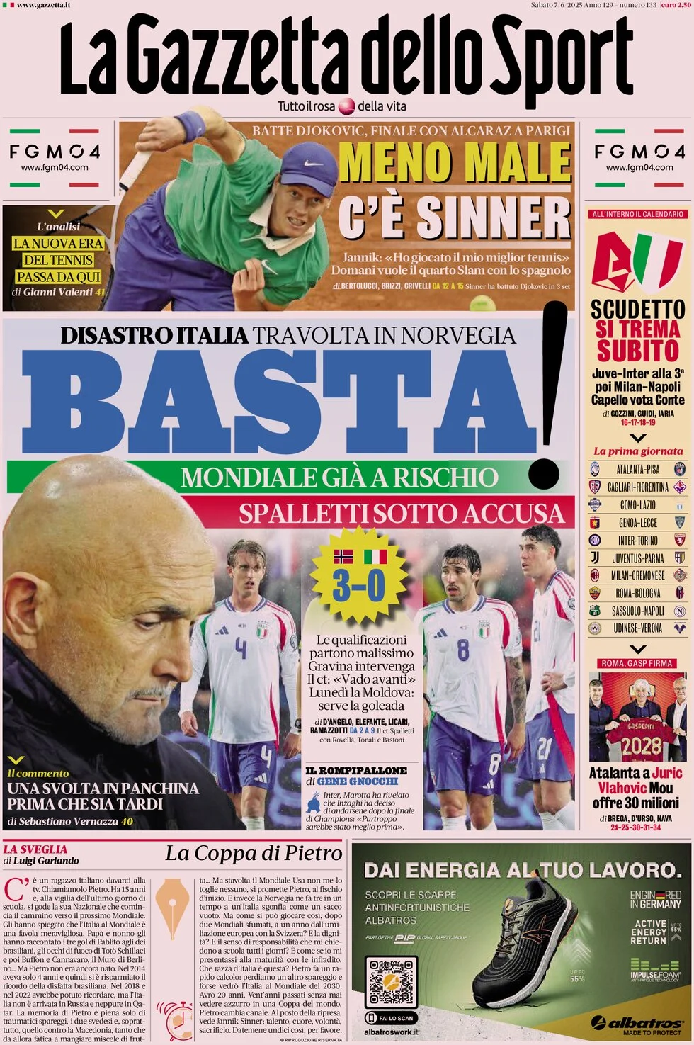 anteprima della prima pagina di la-gazzetta-dello-sport del 07/06/2025