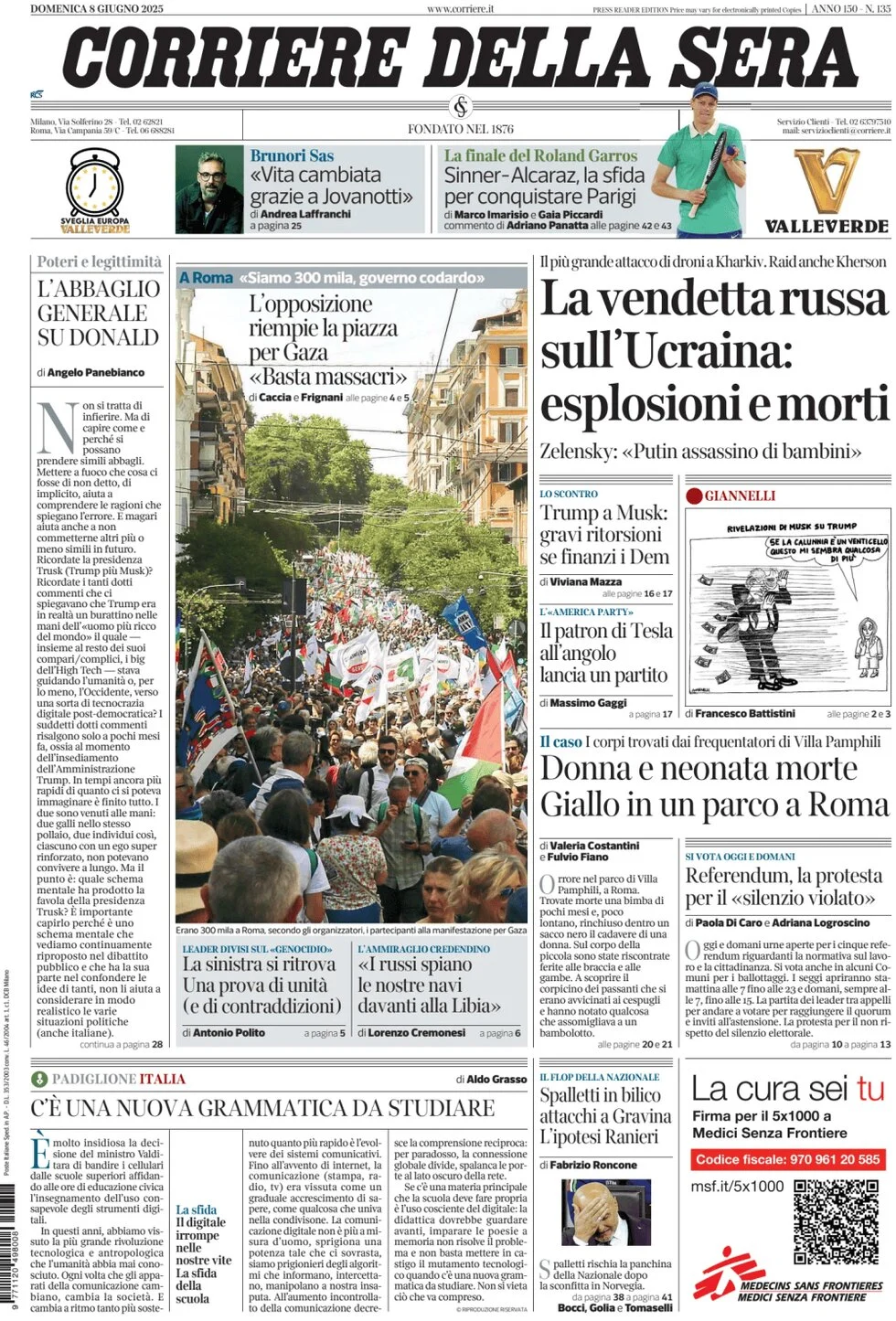 anteprima della prima pagina di corriere-della-sera del 08/06/2025