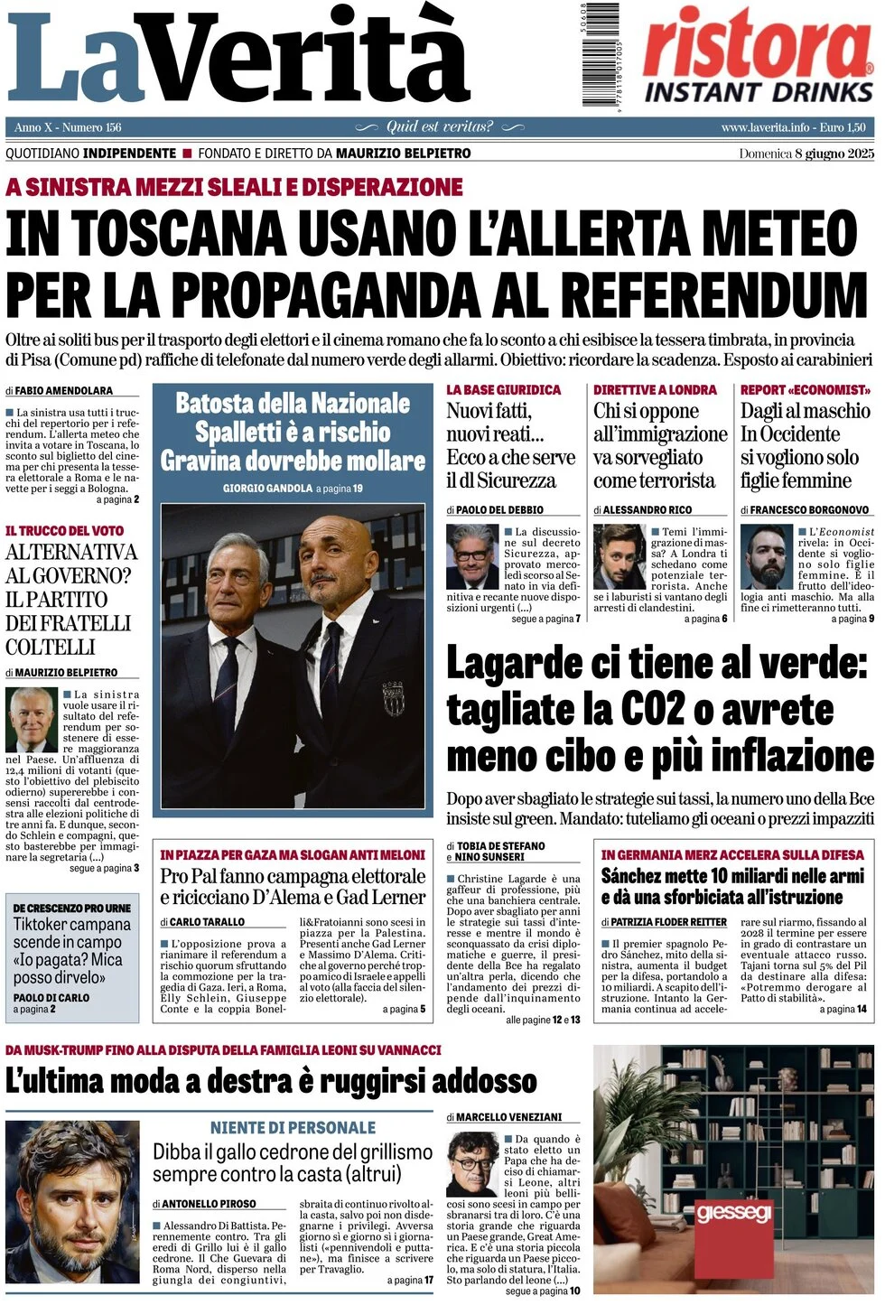 anteprima della prima pagina di la-verit del 08/06/2025