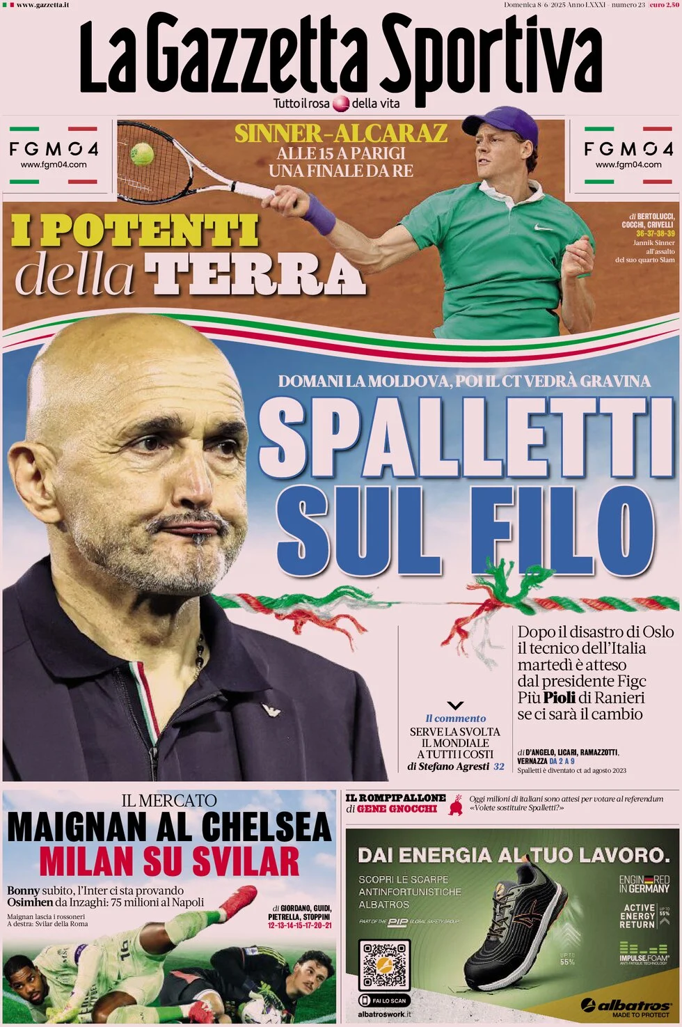 anteprima della prima pagina di la-gazzetta-dello-sport del 08/06/2025