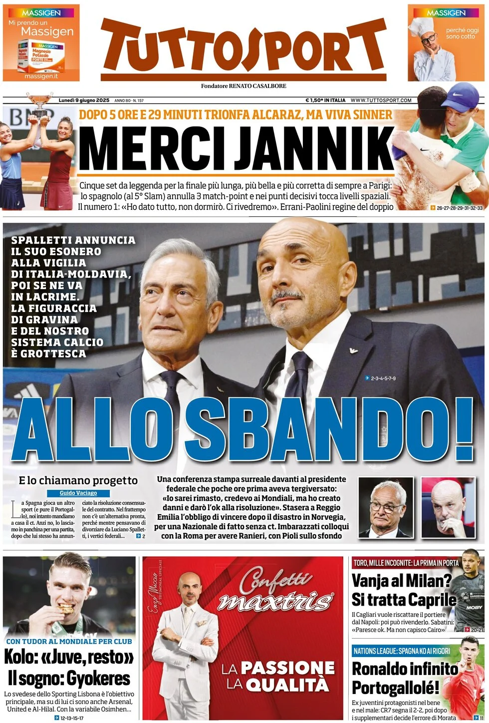 anteprima della prima pagina di tuttosport del 09/06/2025