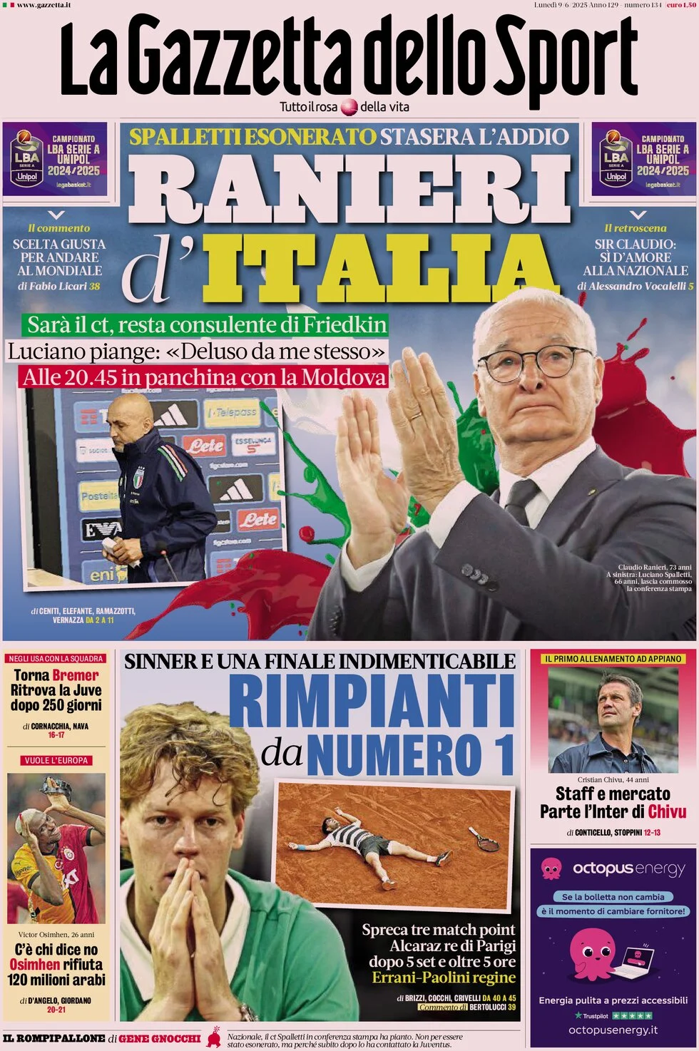 anteprima della prima pagina di la-gazzetta-dello-sport del 09/06/2025