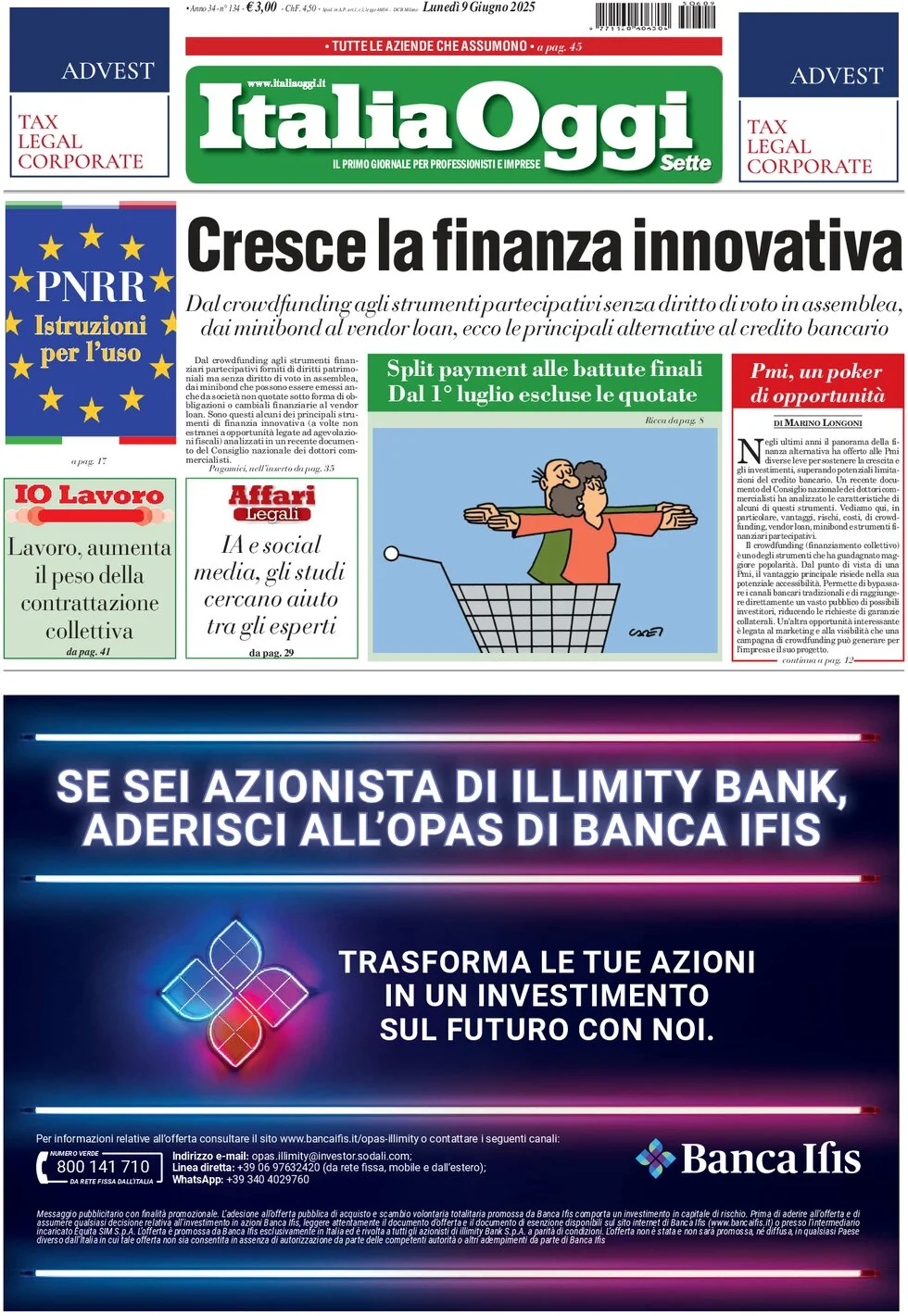 anteprima della prima pagina di italiaoggi del 09/06/2025