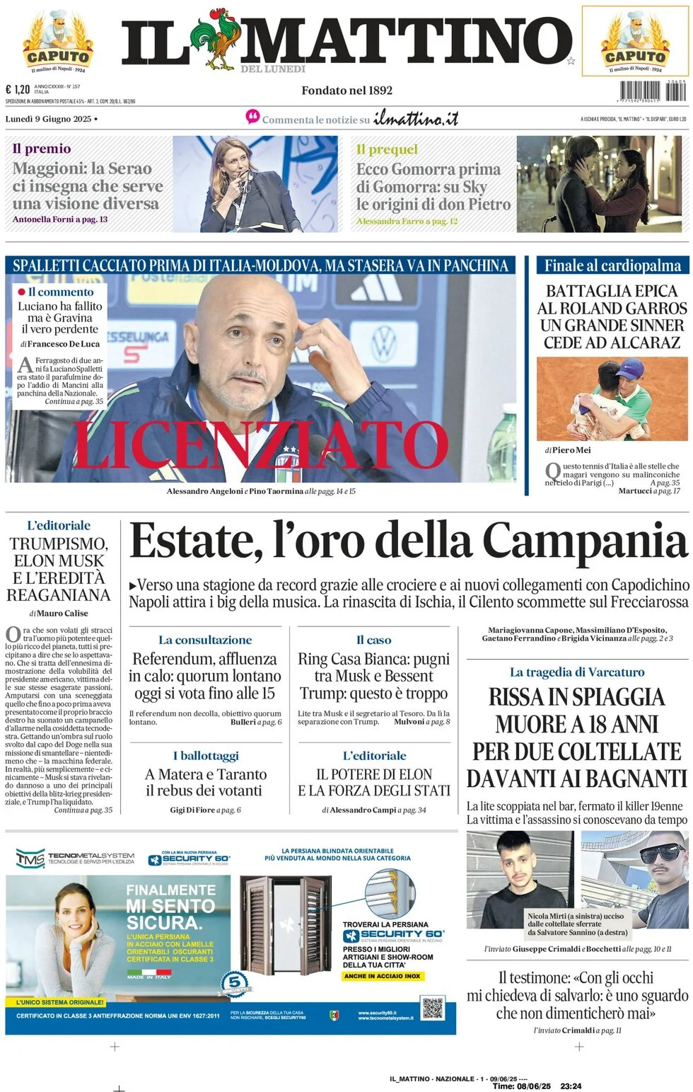 anteprima della prima pagina di il-mattino del 09/06/2025