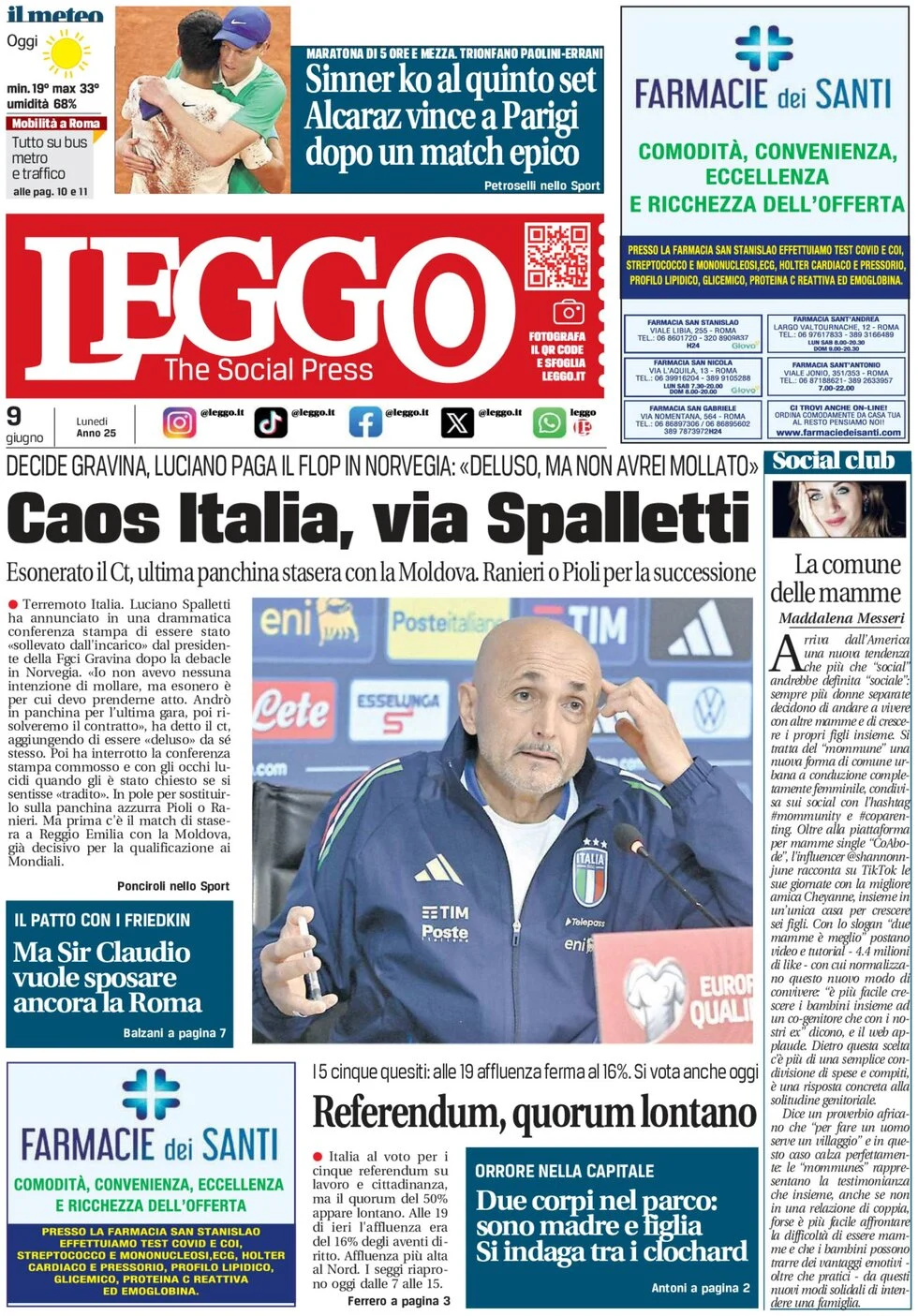 anteprima della prima pagina di leggo-roma del 09/06/2025