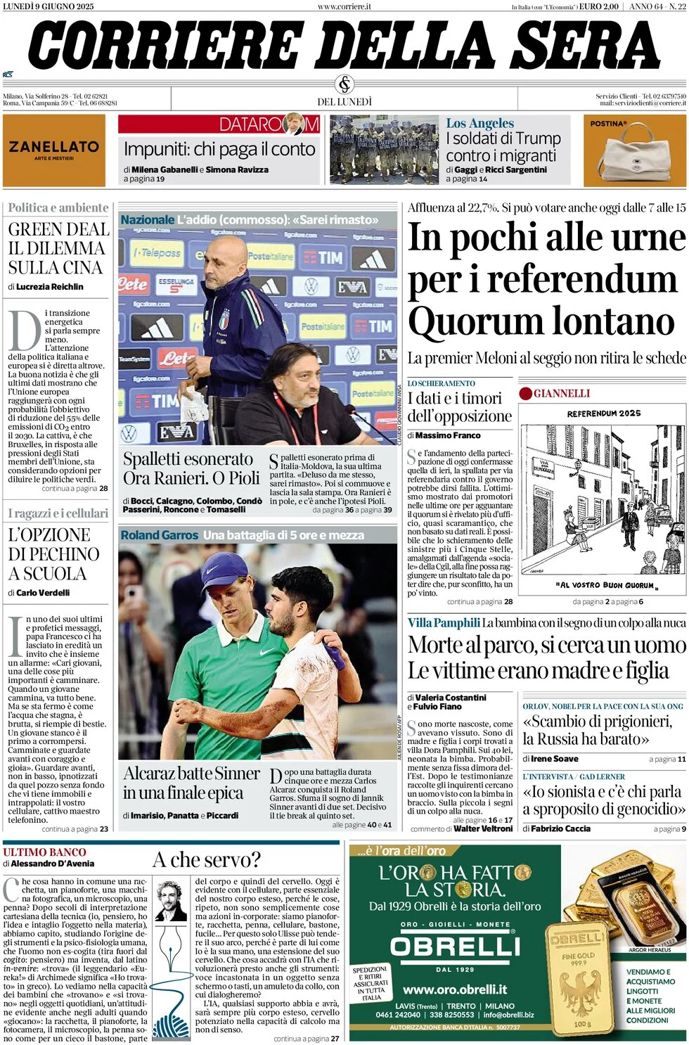 anteprima della prima pagina di corriere-della-sera del 09/06/2025