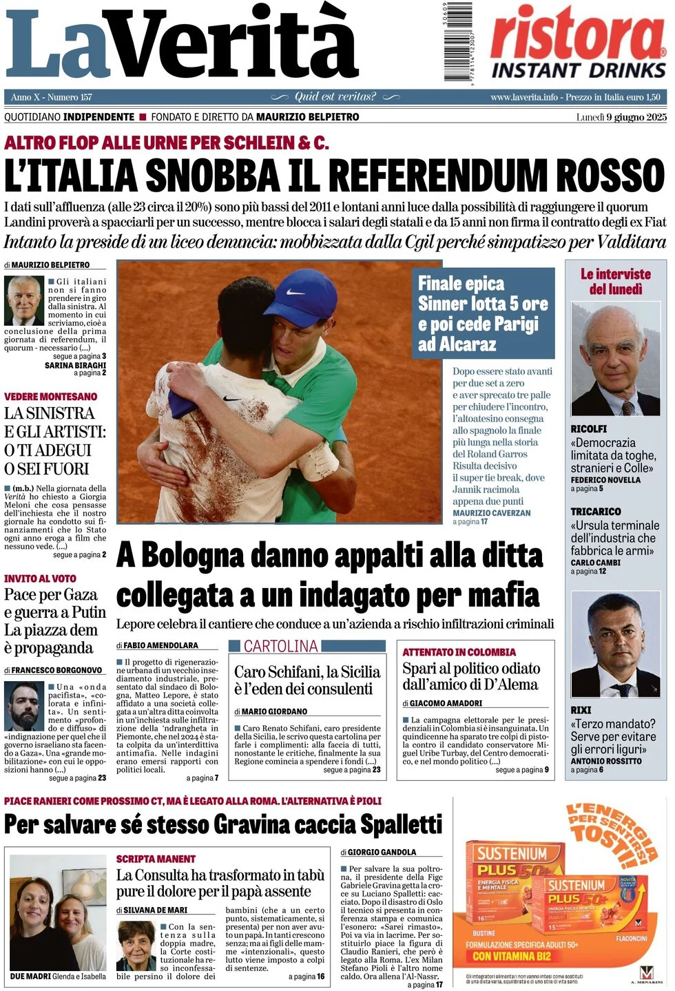 anteprima della prima pagina di la-verit del 09/06/2025