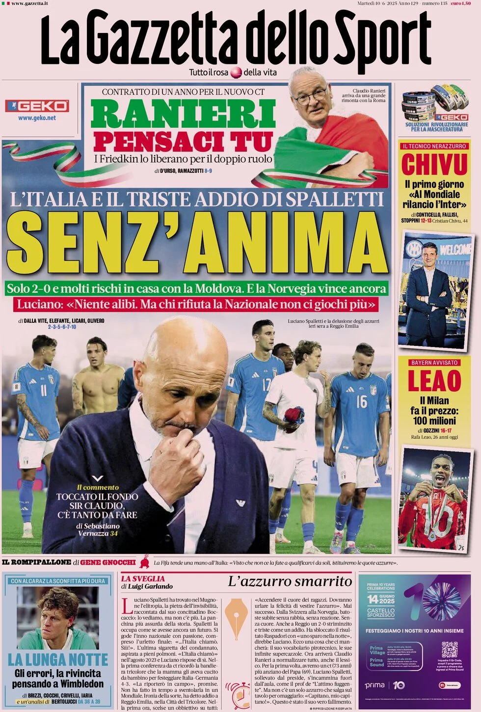anteprima della prima pagina di la-gazzetta-dello-sport del 10/06/2025