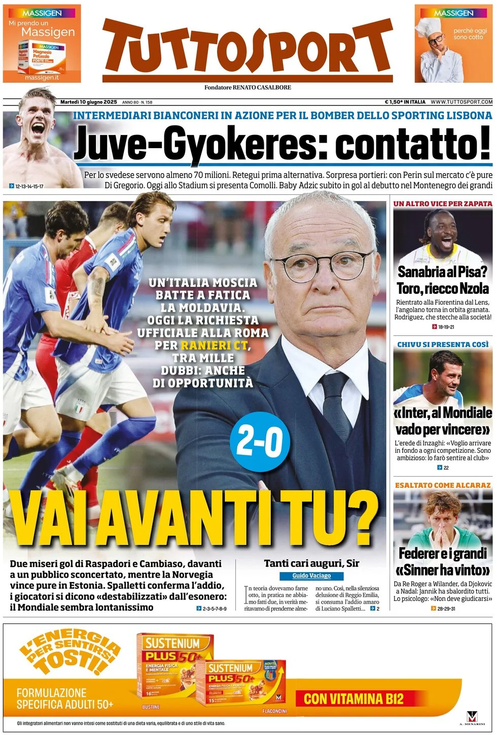 anteprima della prima pagina di tuttosport del 10/06/2025
