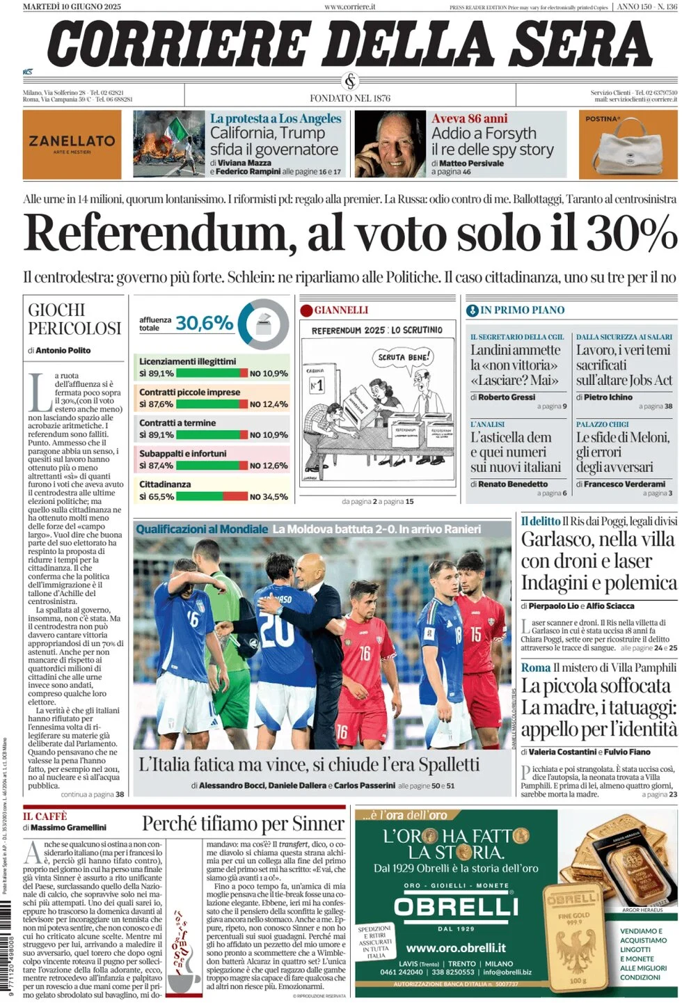 anteprima della prima pagina di corriere-della-sera del 10/06/2025